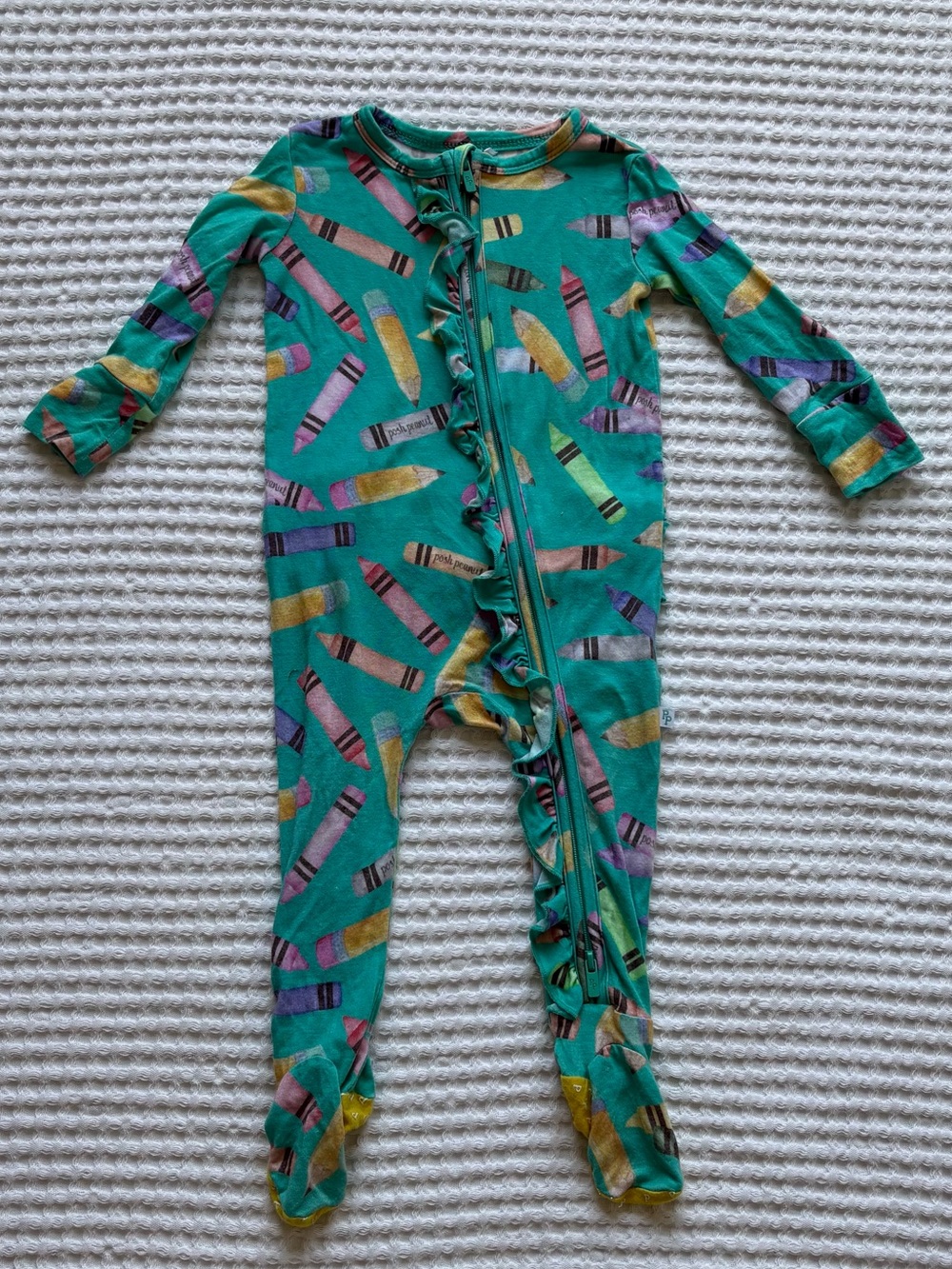 Posh Peanut Crayons Ruffle Zipper Footie Bamboo Teal Back to School Crayons 6-9M